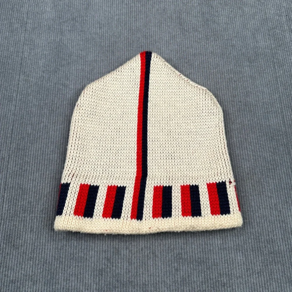 Vintage Wigwam Mills 100% Virgin Wool Beanie Hat Cream Red Navy Stripe USA Made